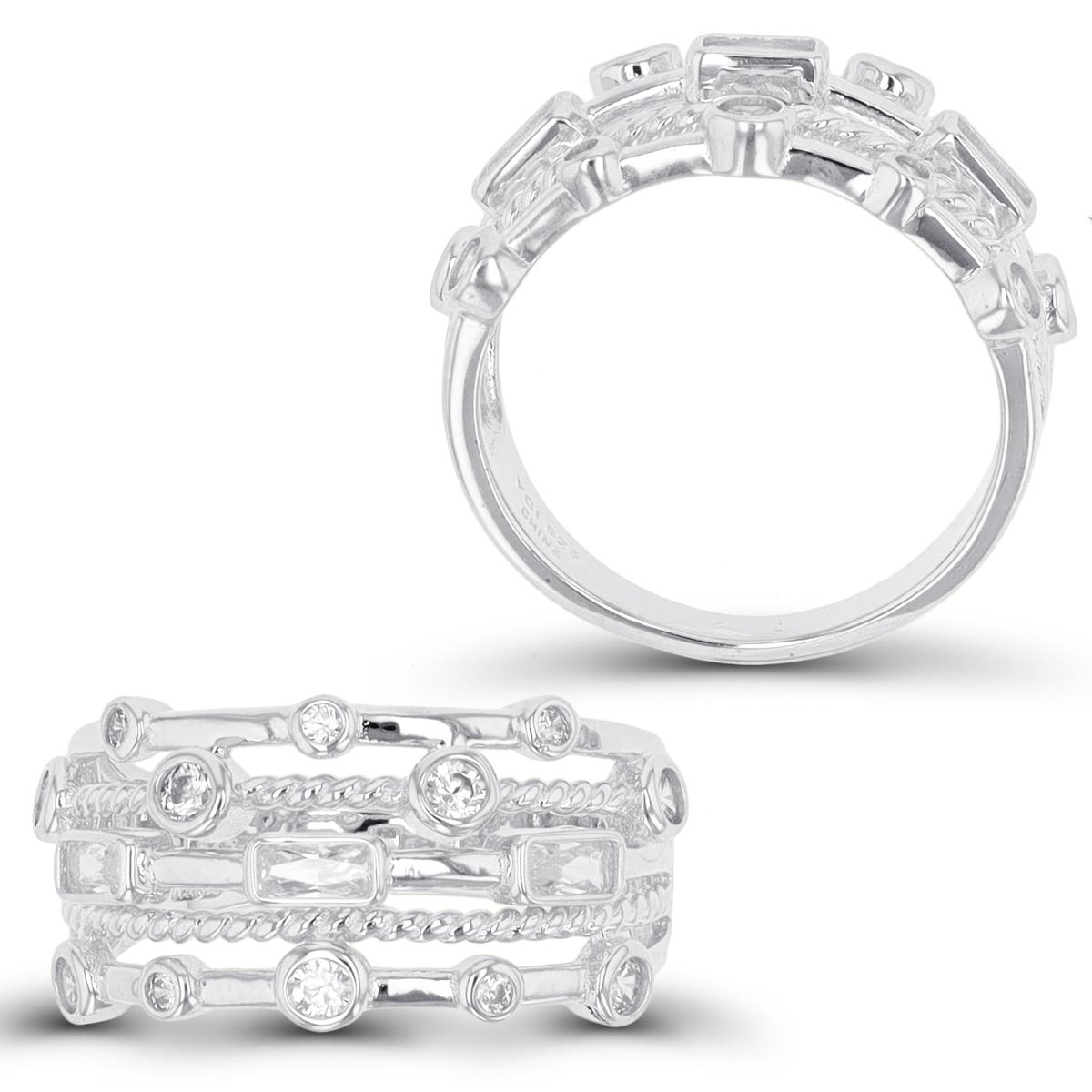 Sterling Silver Rhodium Rd & EC CZ Bezel Multi Row Fashion Ring