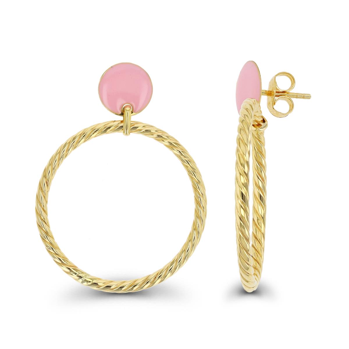 10K Yellow Gold Twist Circle Pink  38x28mm Enamel Earring