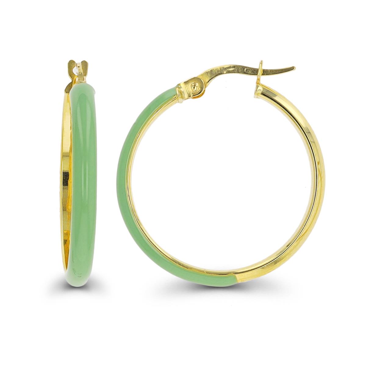 14K Yellow Gold 25x3mm Sage Enamel Hoop Earring