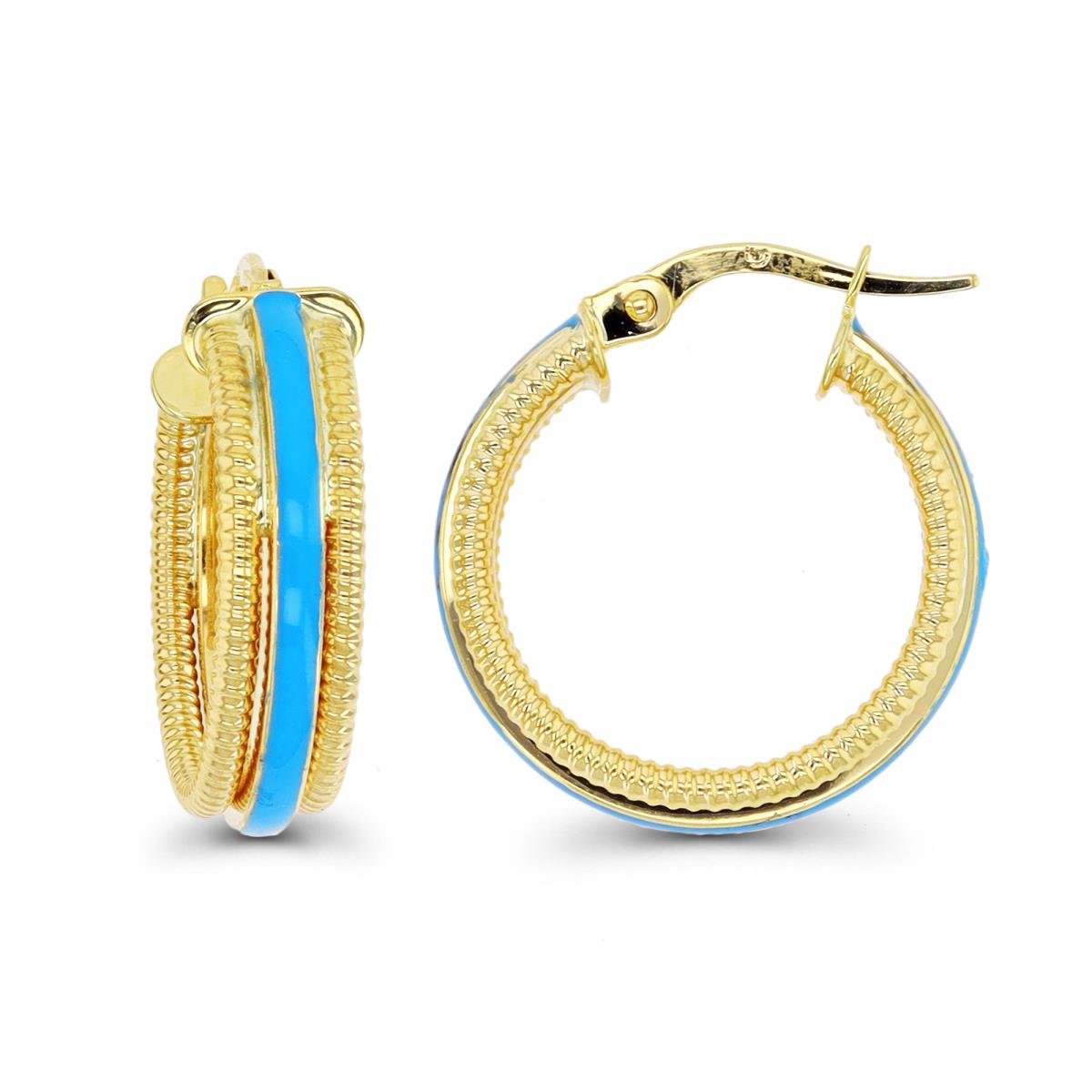 10K Yellow Gold 20x5mm Blue Enamel Rope Side Hoop Earring