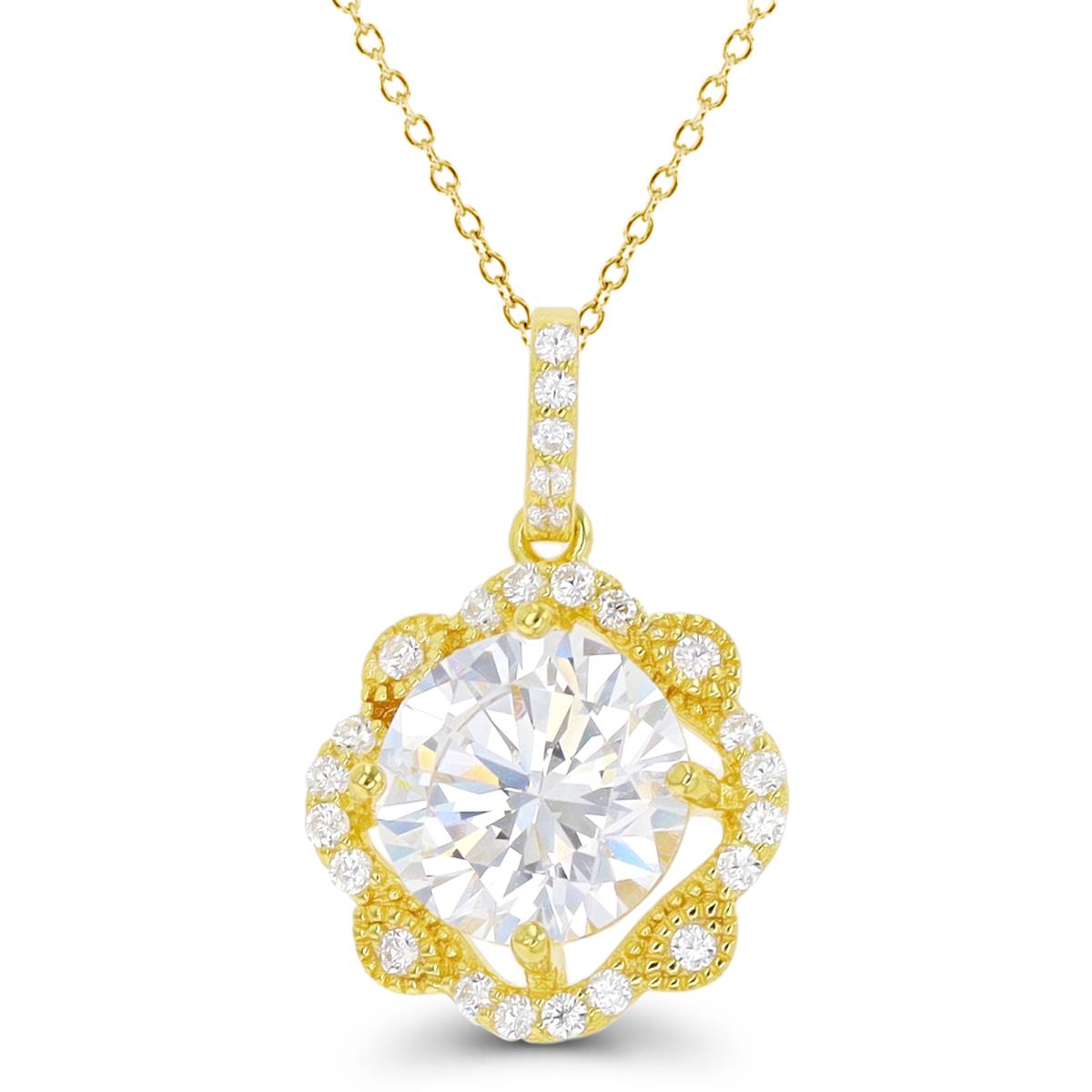 Sterling Silver Yellow 9mm Rd CZ Milgrain Halo 18"+2" Singapore Necklace