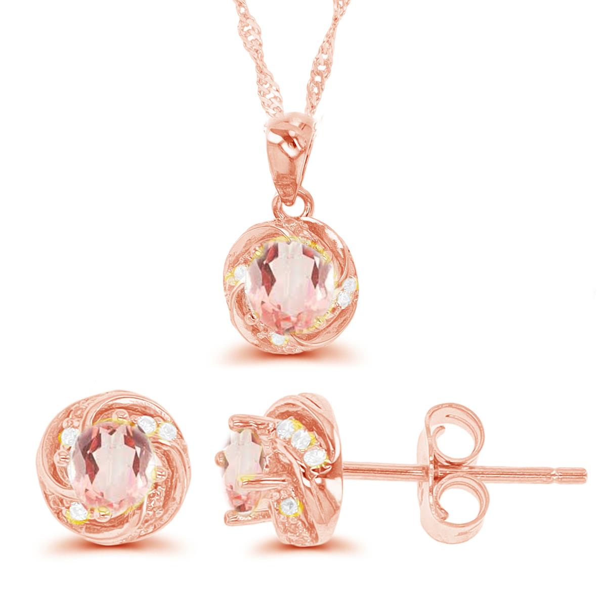 Sterling Silver Rose 1-Micron Morganite Twisted Detail 18"+2" Necklace & Stud Earring Set