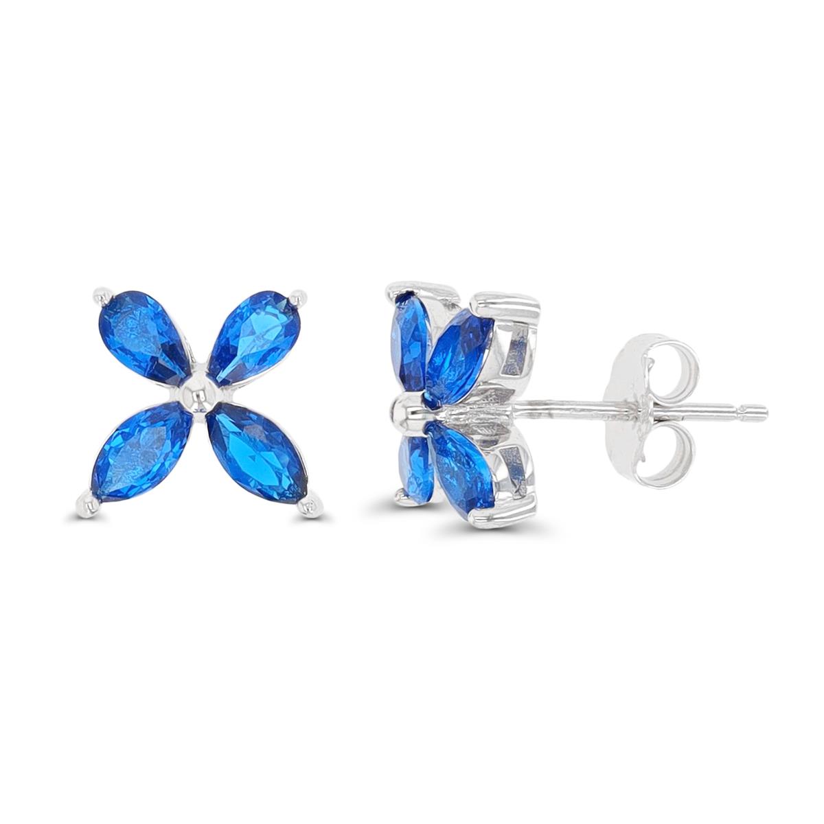 Sterling Silver Rhodium #113 Blue Spinel Flower Stud Earring
