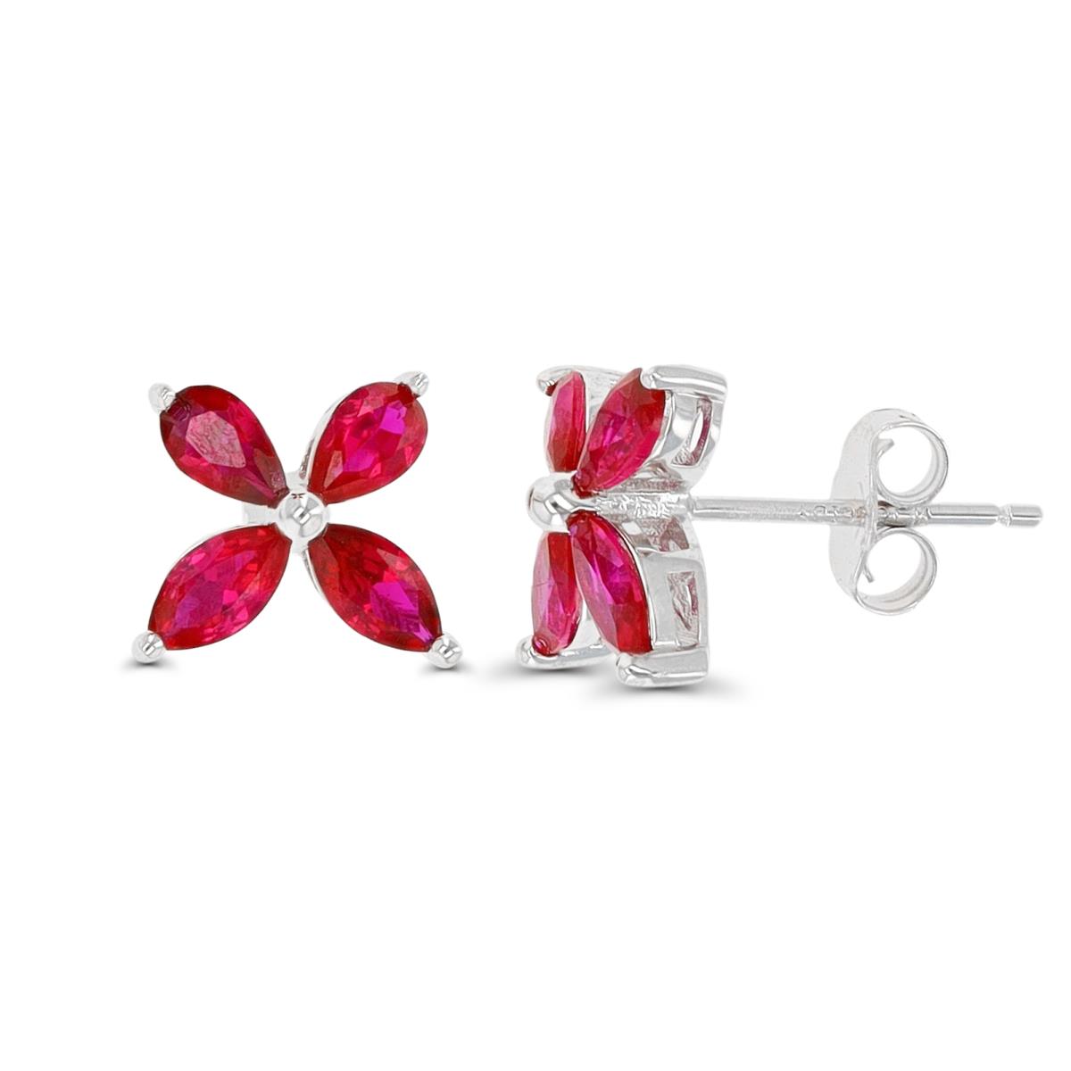 Sterling Silver Rhodium Ruby Flower Stud Earring