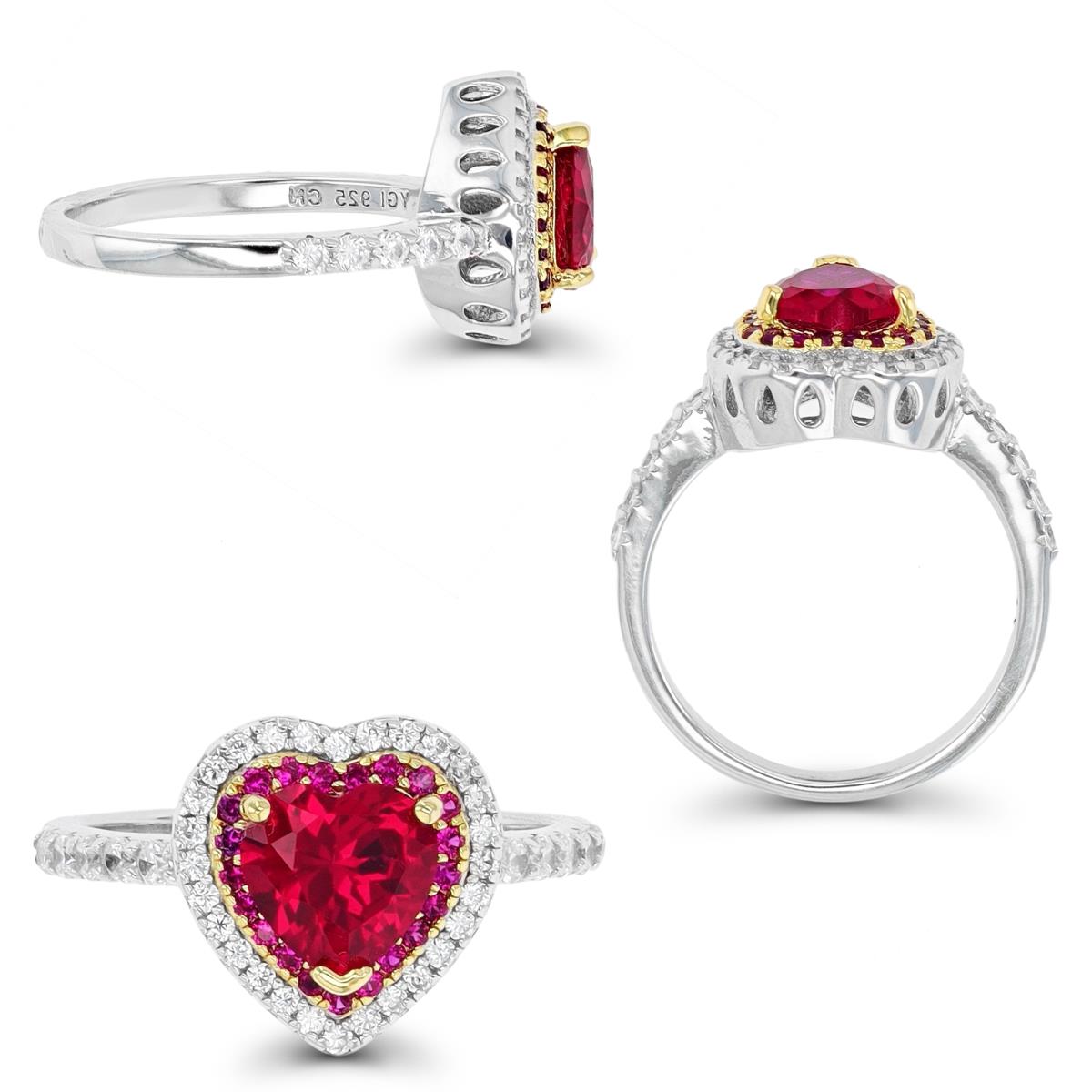 Sterling Silver 1-Micron Two Tone Heart Shaped Ruby Engagement Ring