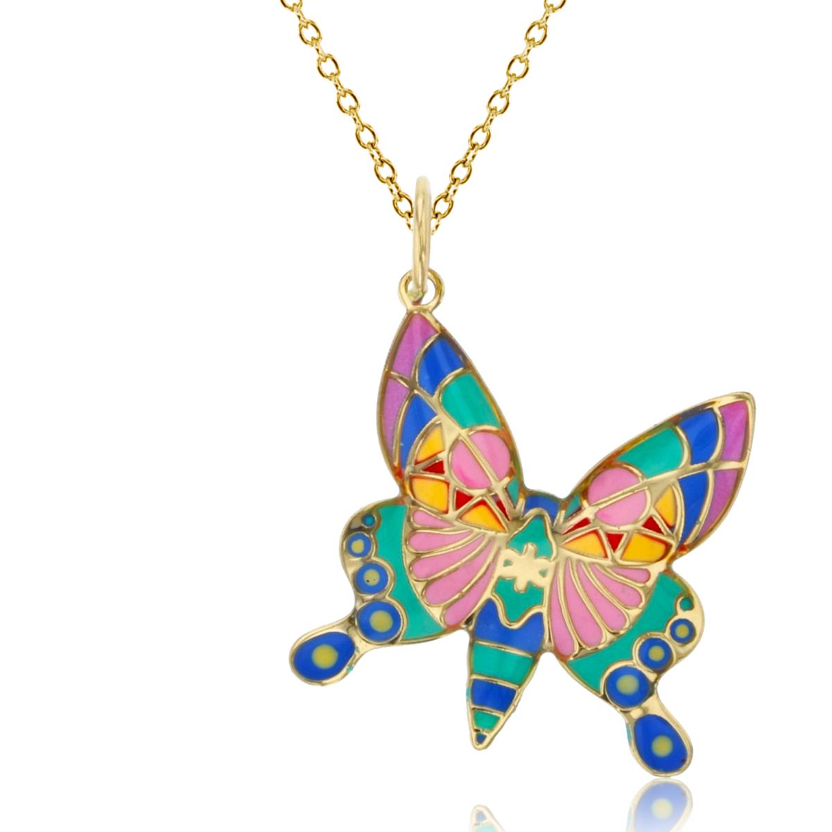 10K Yellow Gold Multi-Color Enamel 30x25mm Butterfly 18" 020 Rolo Chain Necklace