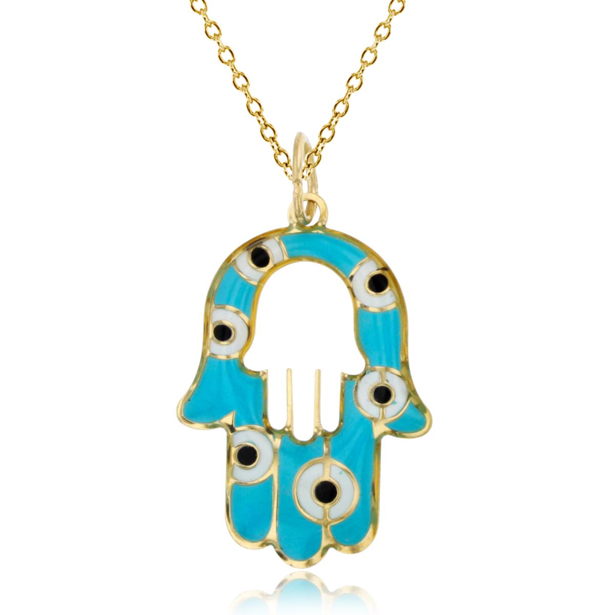 10K Yellow Gold Light Blue 29x17mm  Enamel Hamsa Cutout 18" 020 Rolo Chain Necklace