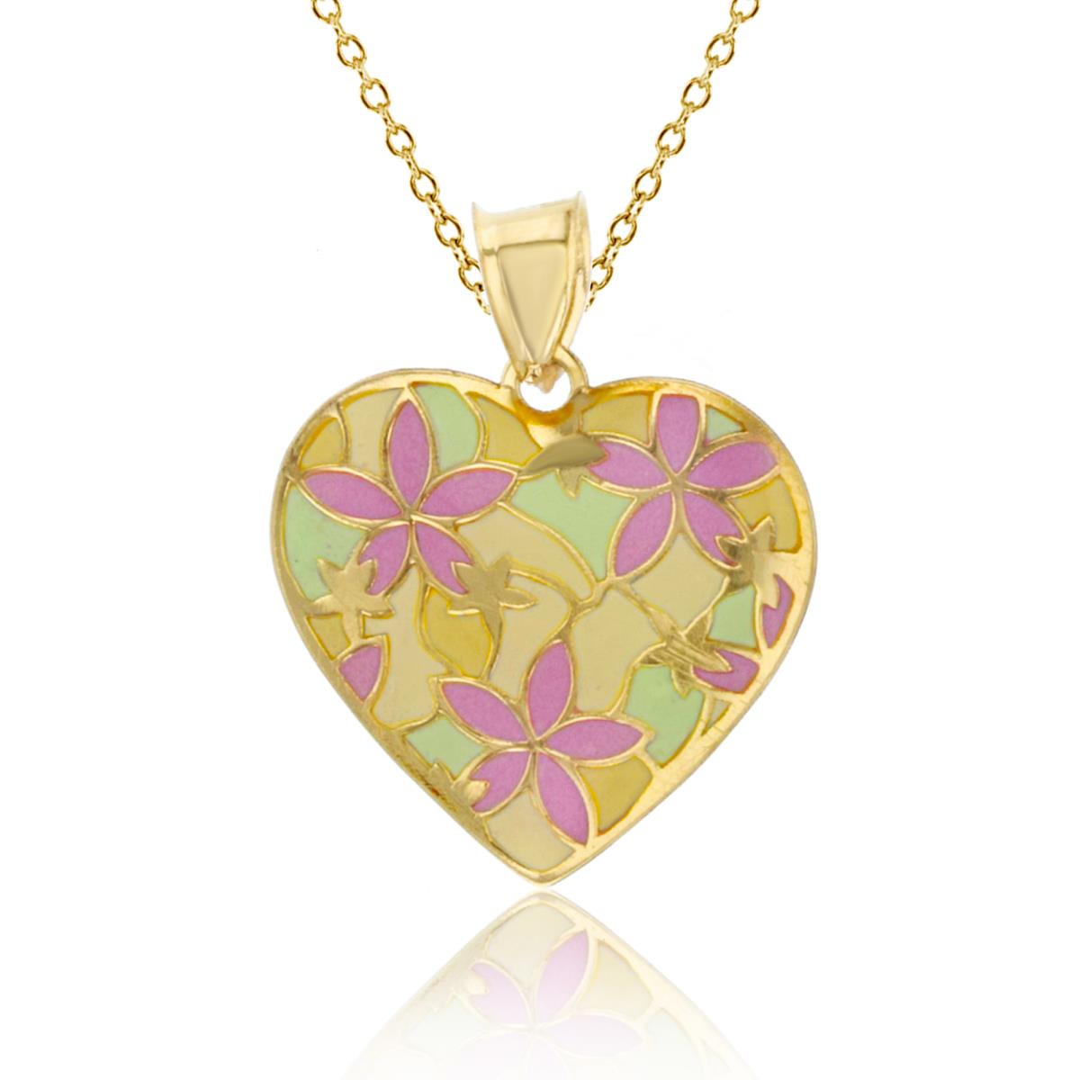 10K Yellow Gold Enamel 22x17mm Floral Heart 18" 020 Rolo Chain Necklace