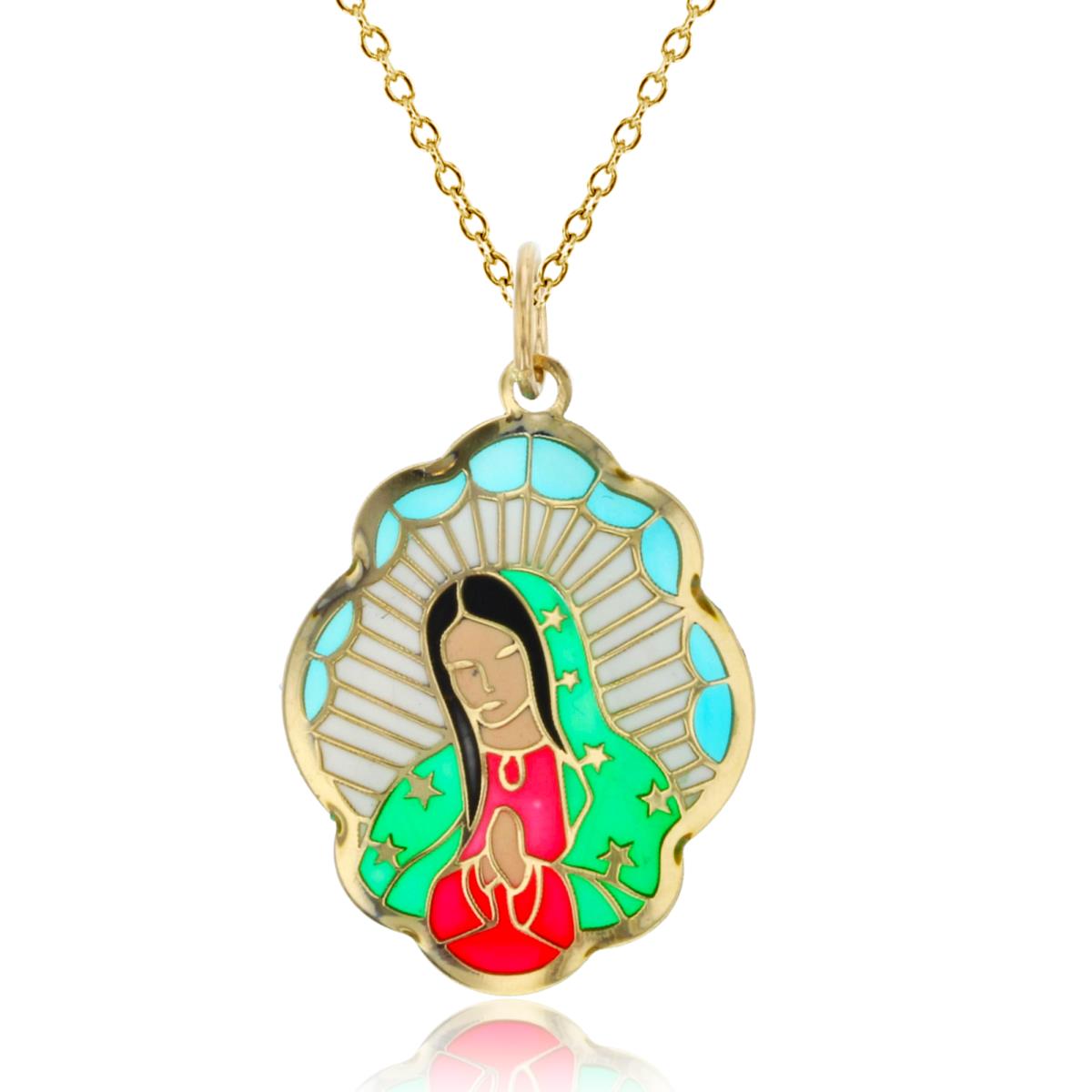 10K Yellow Gold Multi Color 28x18mm Enamel Virgin Mary 18" 020 Rolo Chain Necklace