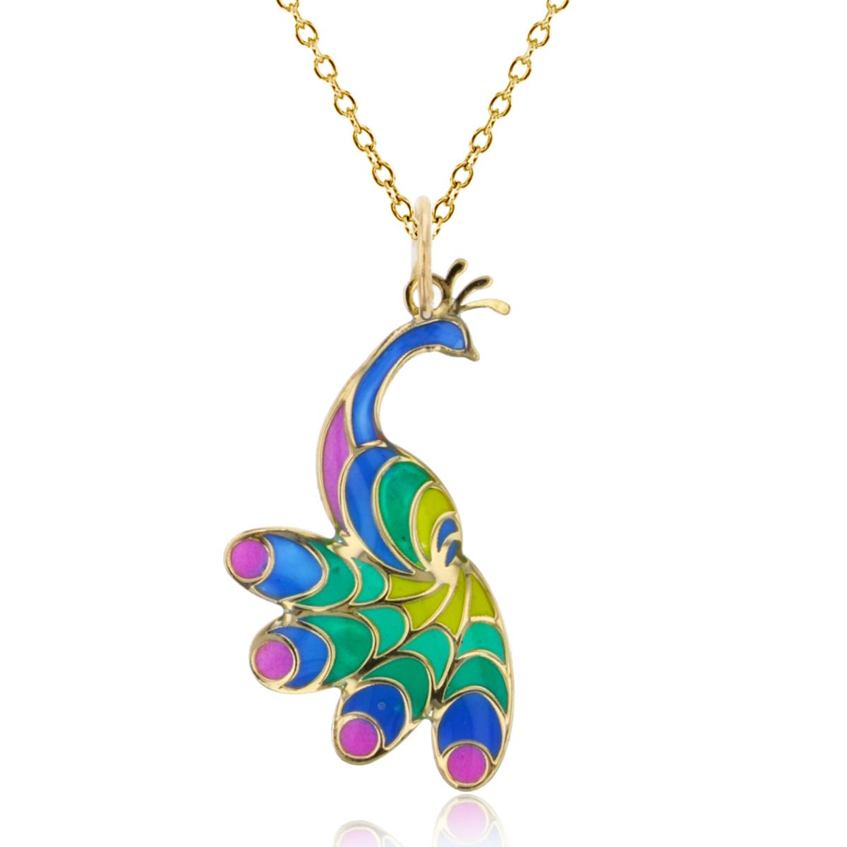 10K Yellow Gold Multi Color 28x14mm  Enamel Peacock 18" 020 Rolo Chain Necklace