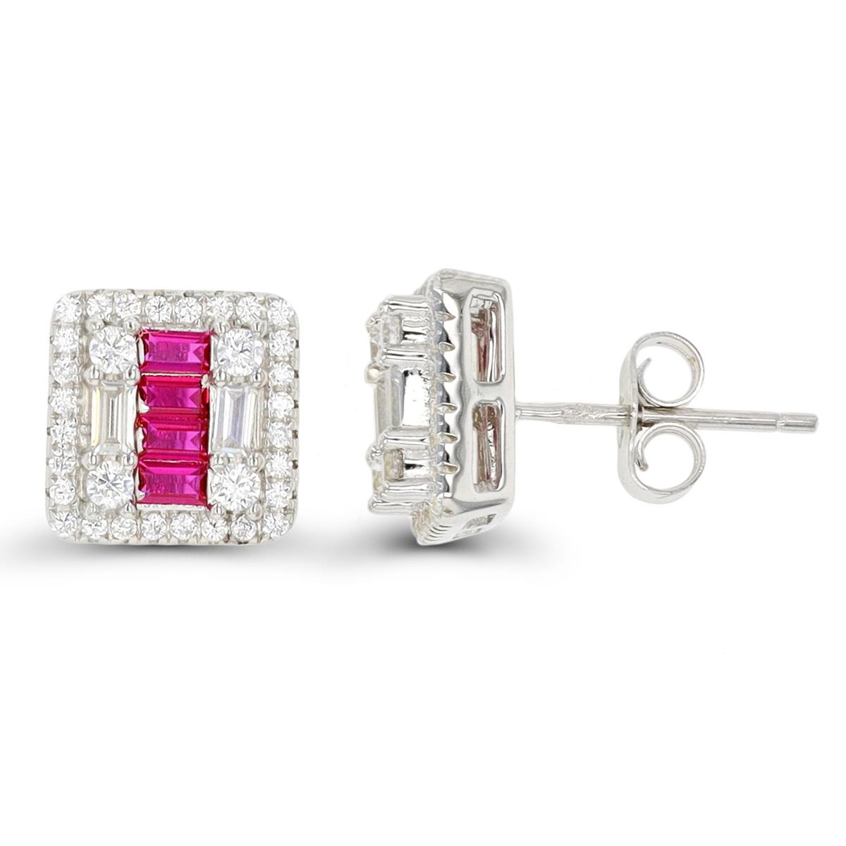 Sterling Silver Rhodium 10x10mm Pave Rd & Ruby Baguette CZ Square Stud Earring