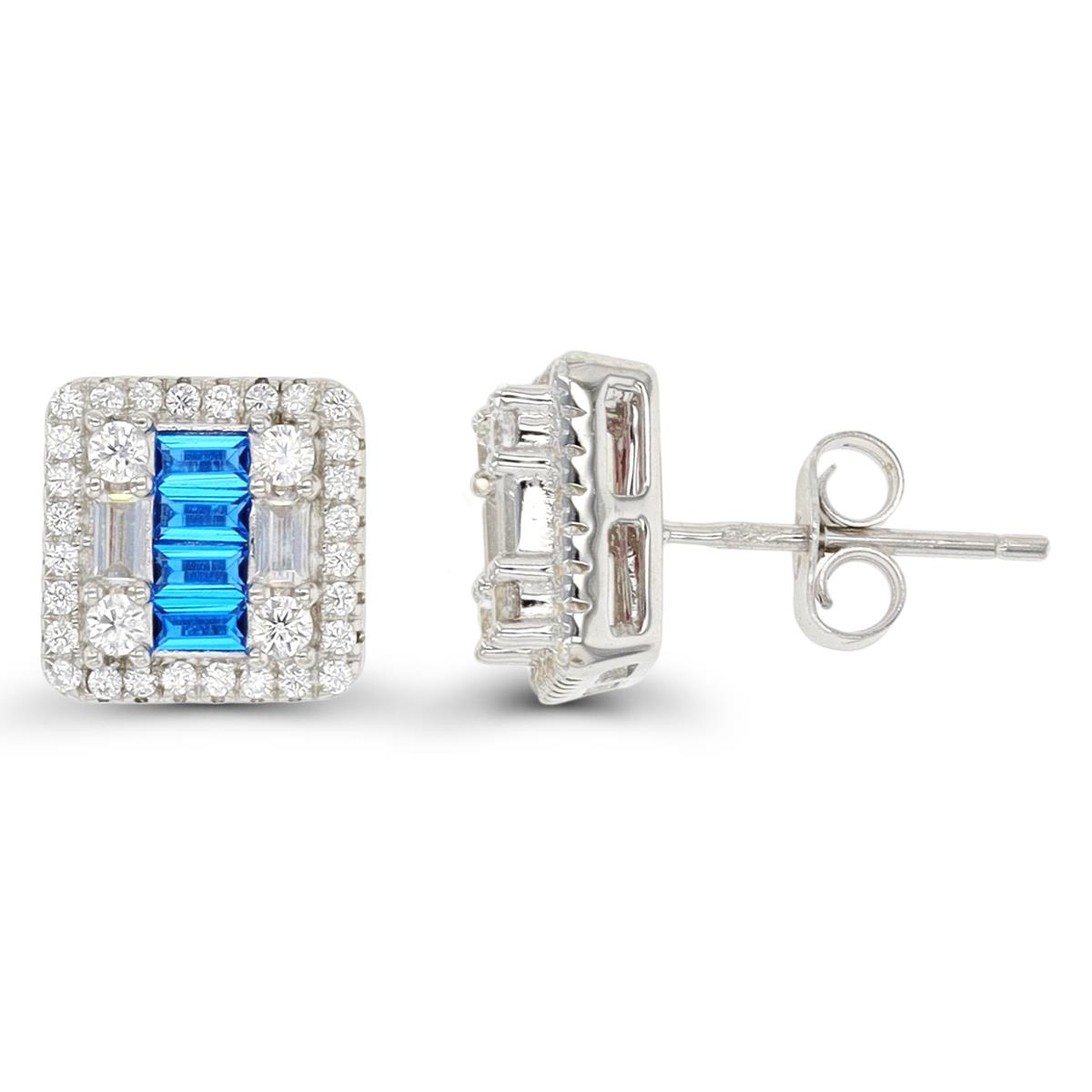 Sterling Silver Rhodium 10x10mm Pave Rd & #113 Blue Baguette CZ Square Stud Earring