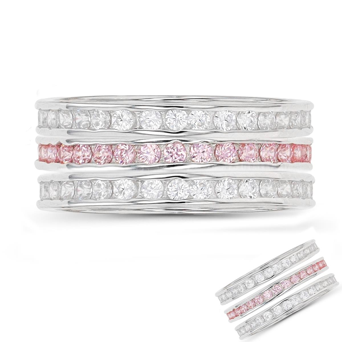 Sterling Silver Rhodium White/Pink Round Channel Set Stack Ring