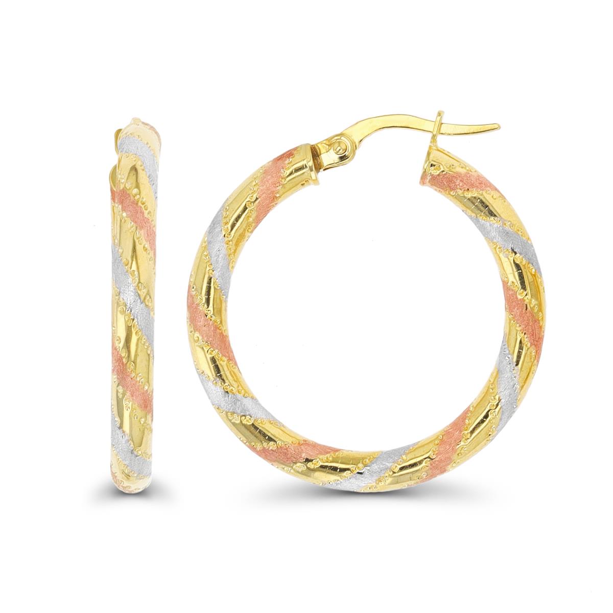 14K Tri-Color Gold 27x3mm Textured Rope Hoop Earring