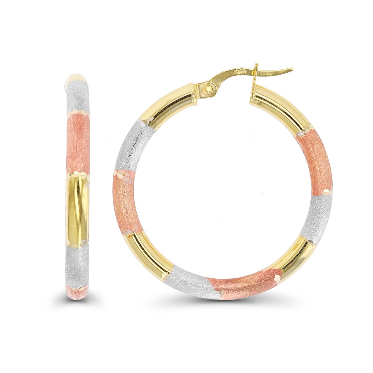 14K Tri-Color Gold 30x3mm Alternating Matte Hoop Earring