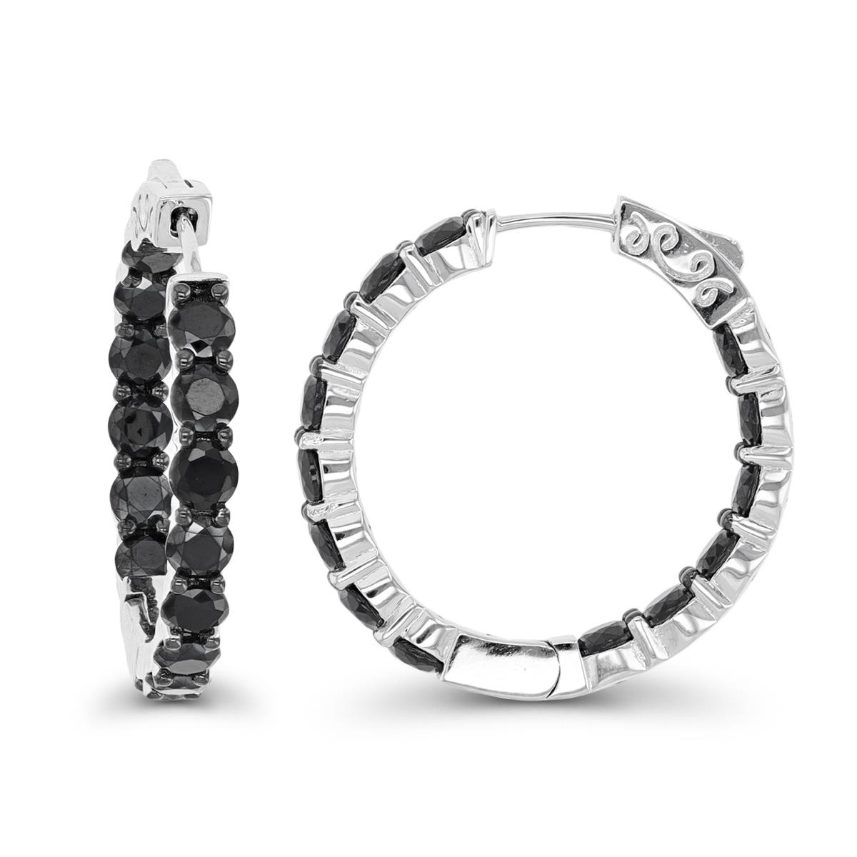Sterling Silver Rhodium & Black 30x4mm Round Black Spinel Hoop Earring with Safety Lock