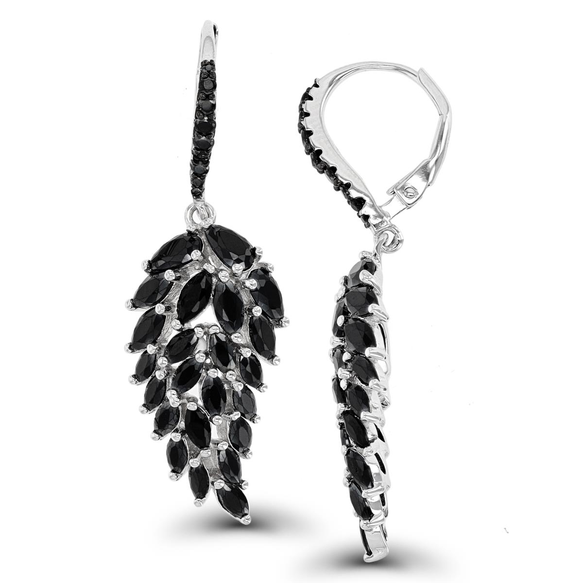 Sterling Silver Rhodium & Black Multishape Black Spinel Scattered Fashion Leaf Earrings