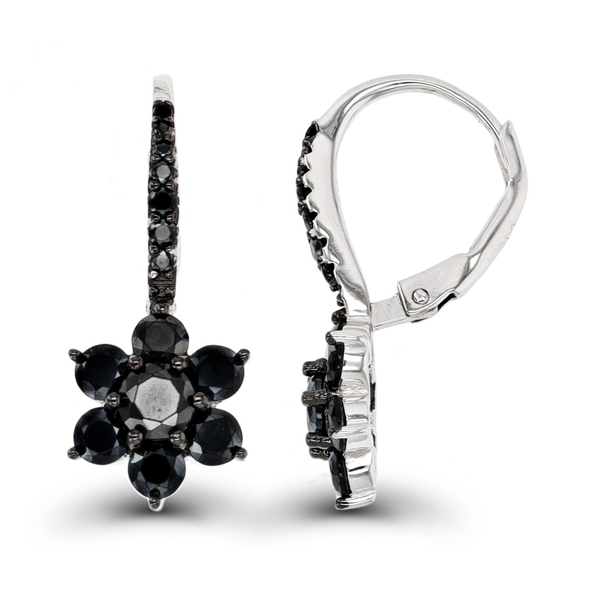Sterling Silver Rhodium & Black Black Spinel Flower Dangling Earrings