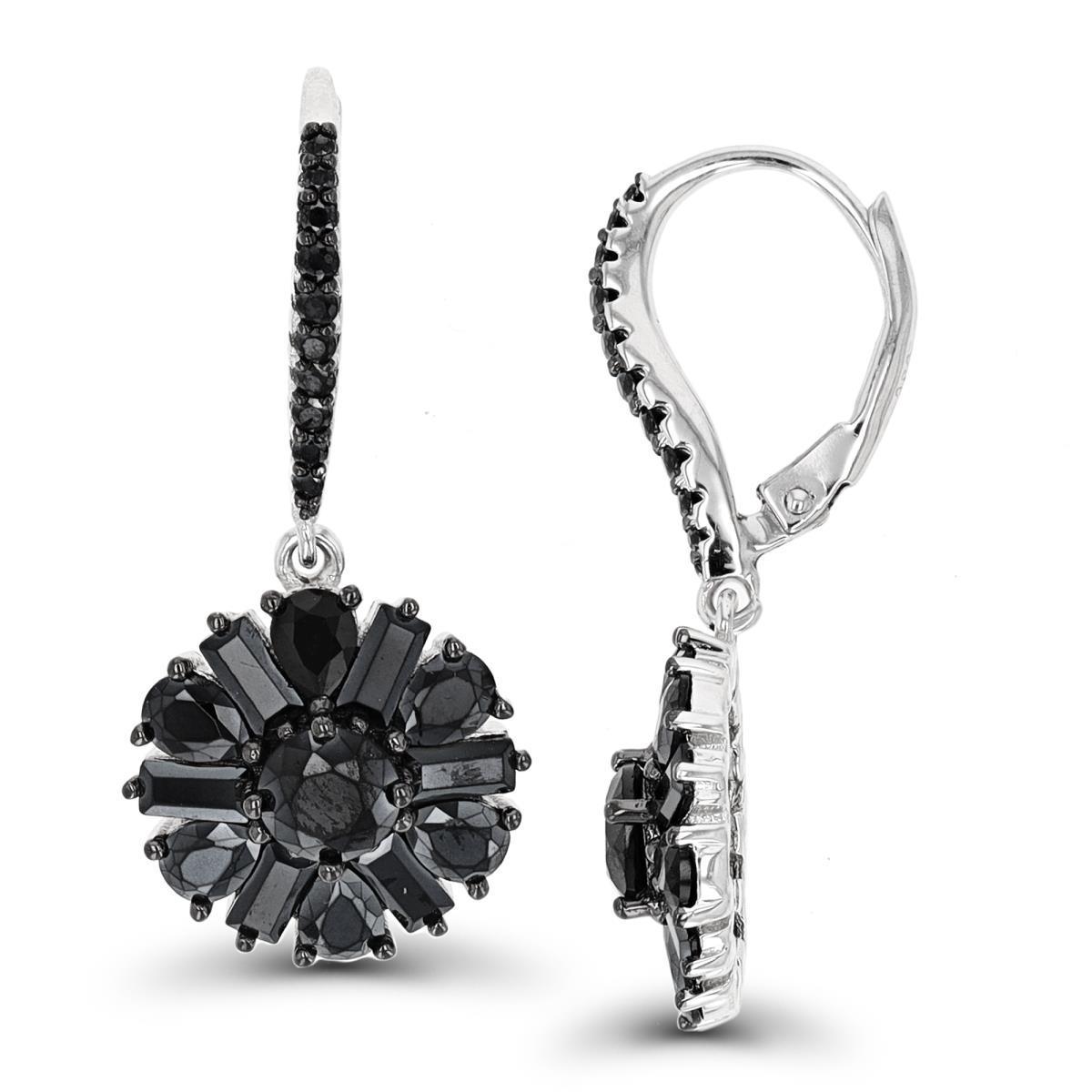 Sterling Silver Rhodium & Black 5mm Rnd Black Spinel Center & SB/Rnd Flower Dangling Earrings