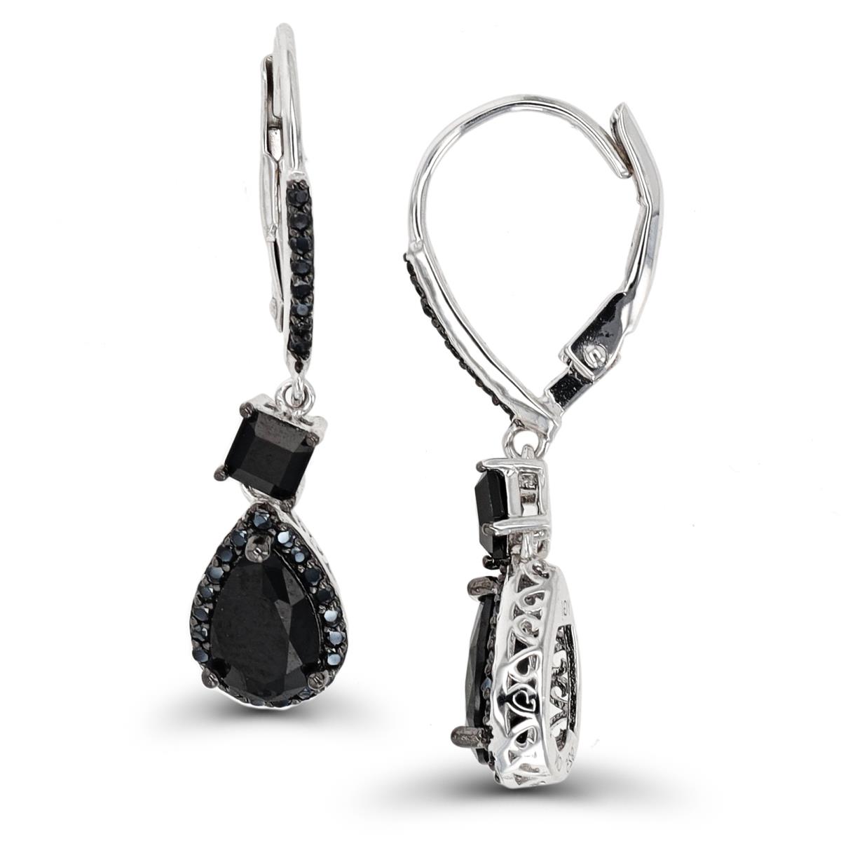 Sterling Silver Rhodium & Black 8x5mm Pear Halo/ Sq Black Spinel LeverBack Earring