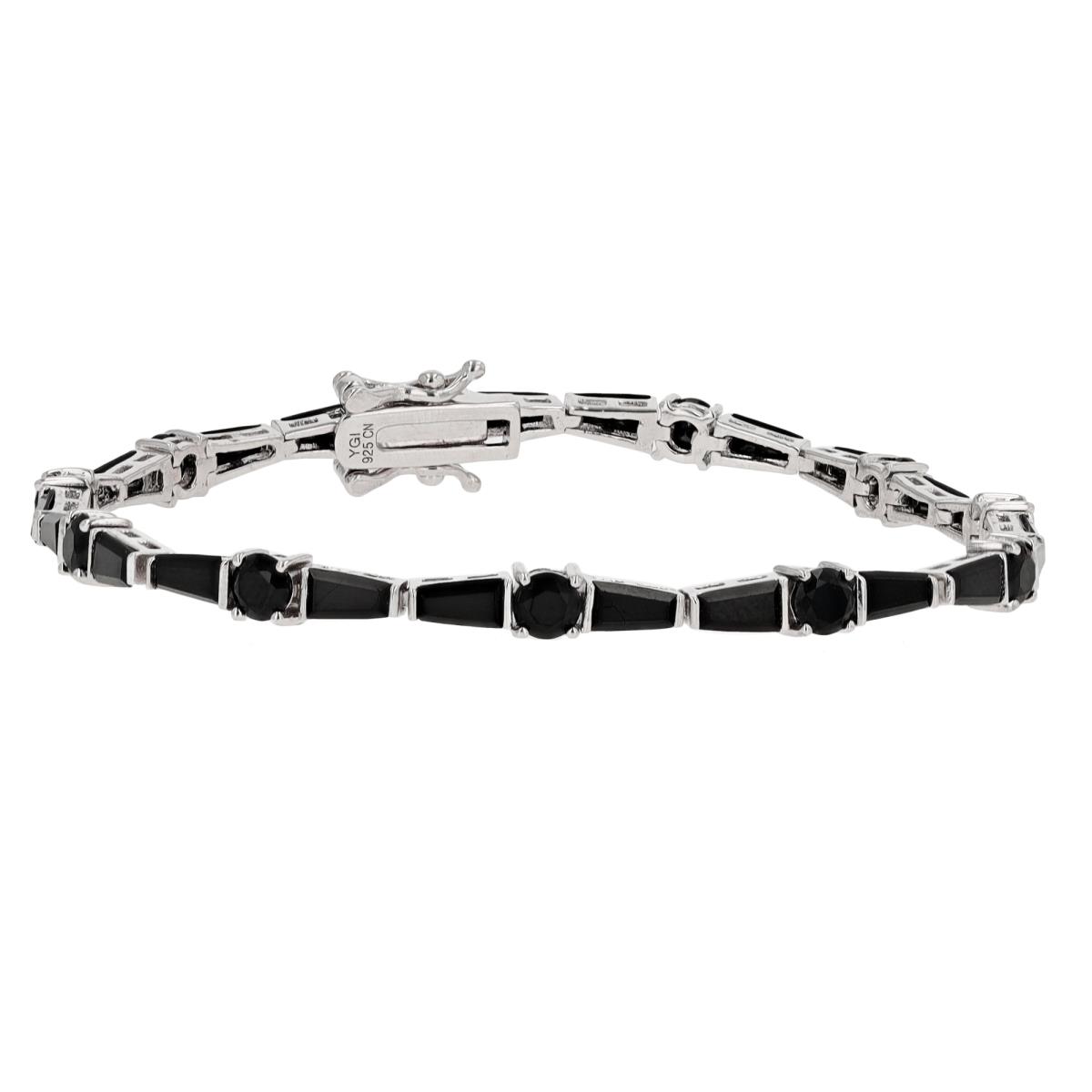 Sterling Silver Rhodium Tap Baguette & Round Cut Black Spinel Tennis Bracelet