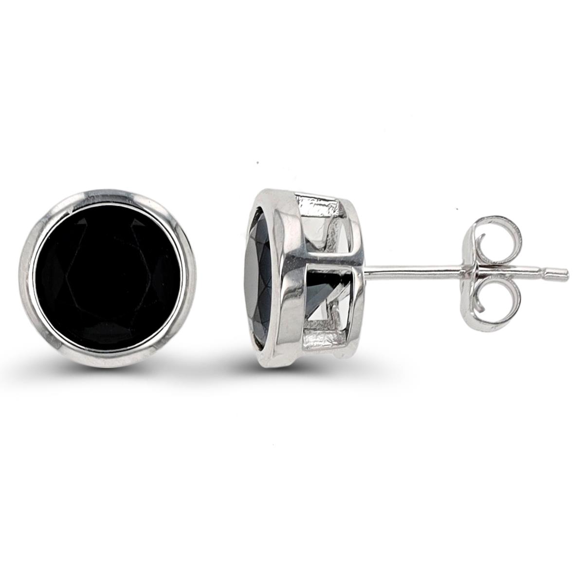 Sterling Silver Rhodium 8mm Round Black Spinel Bezel Stud Earring