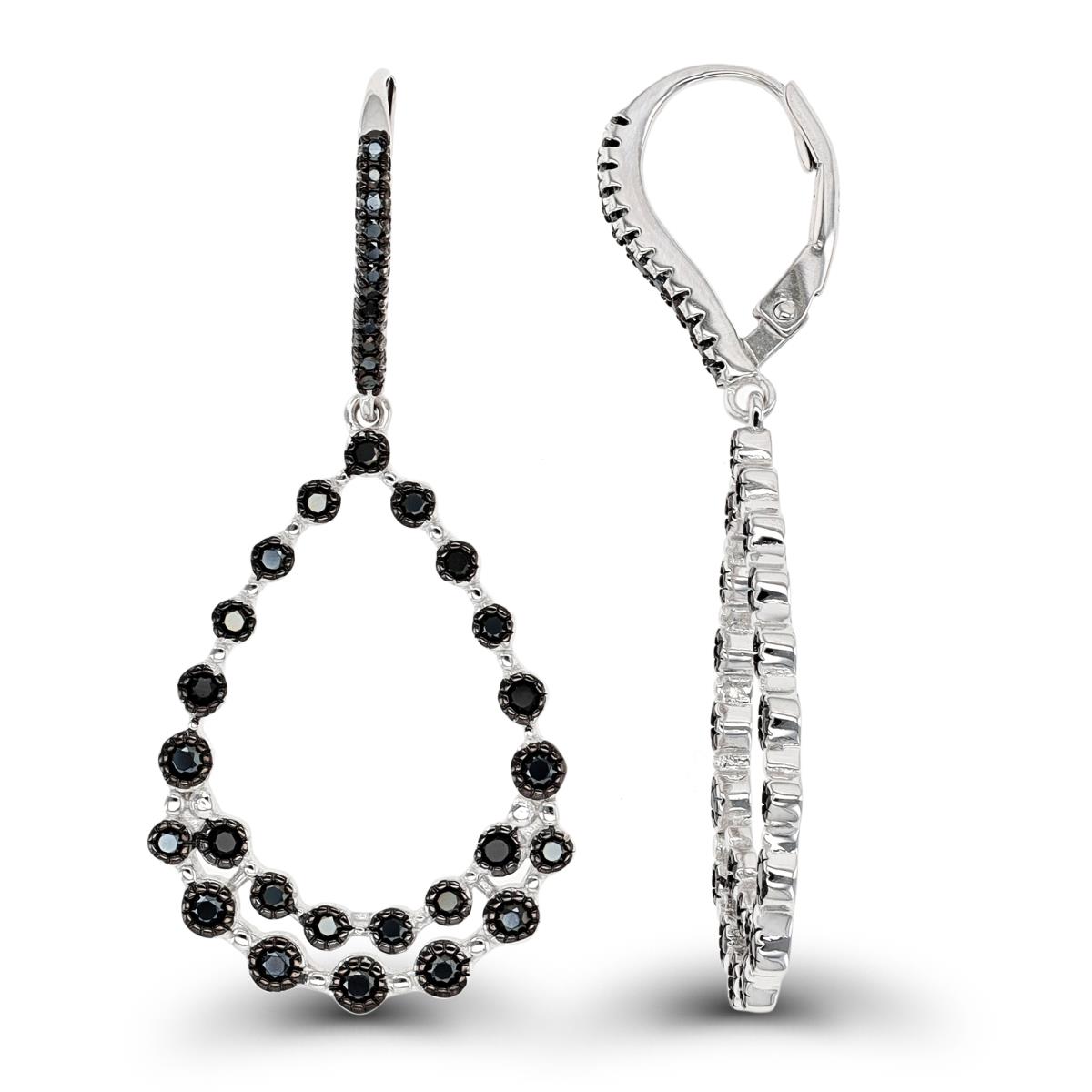 Sterling Silver Rhodium & Black Rnd Black Spinel Bezel DC Circles Open PS-Dangling Earring