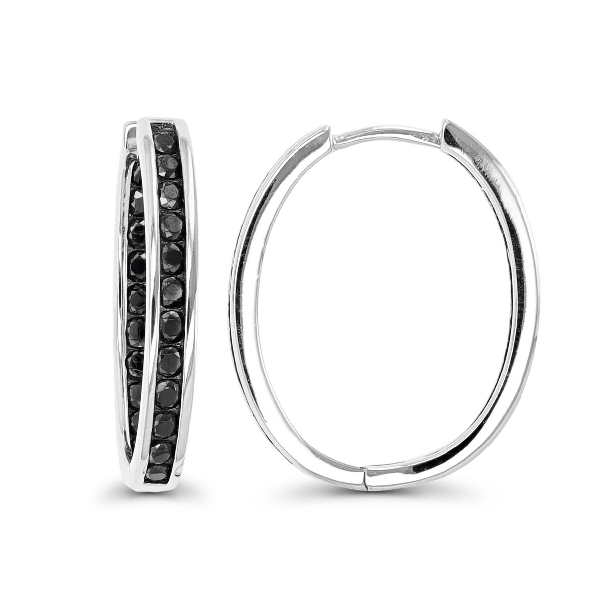 Sterling Silver Rhodium & Black Rnd Black Spinel Channel 25.5X3mm Hoop Earring