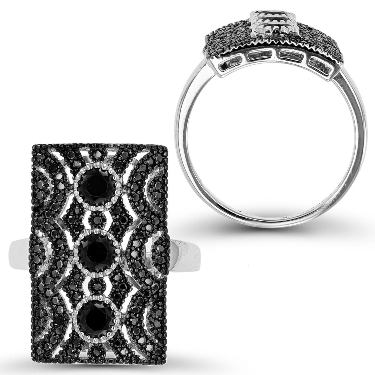 Sterling Silver Rhodium 4mm Rnd Black Spinel Basket Bezel Center Milgrain Ornament Octagon Ring