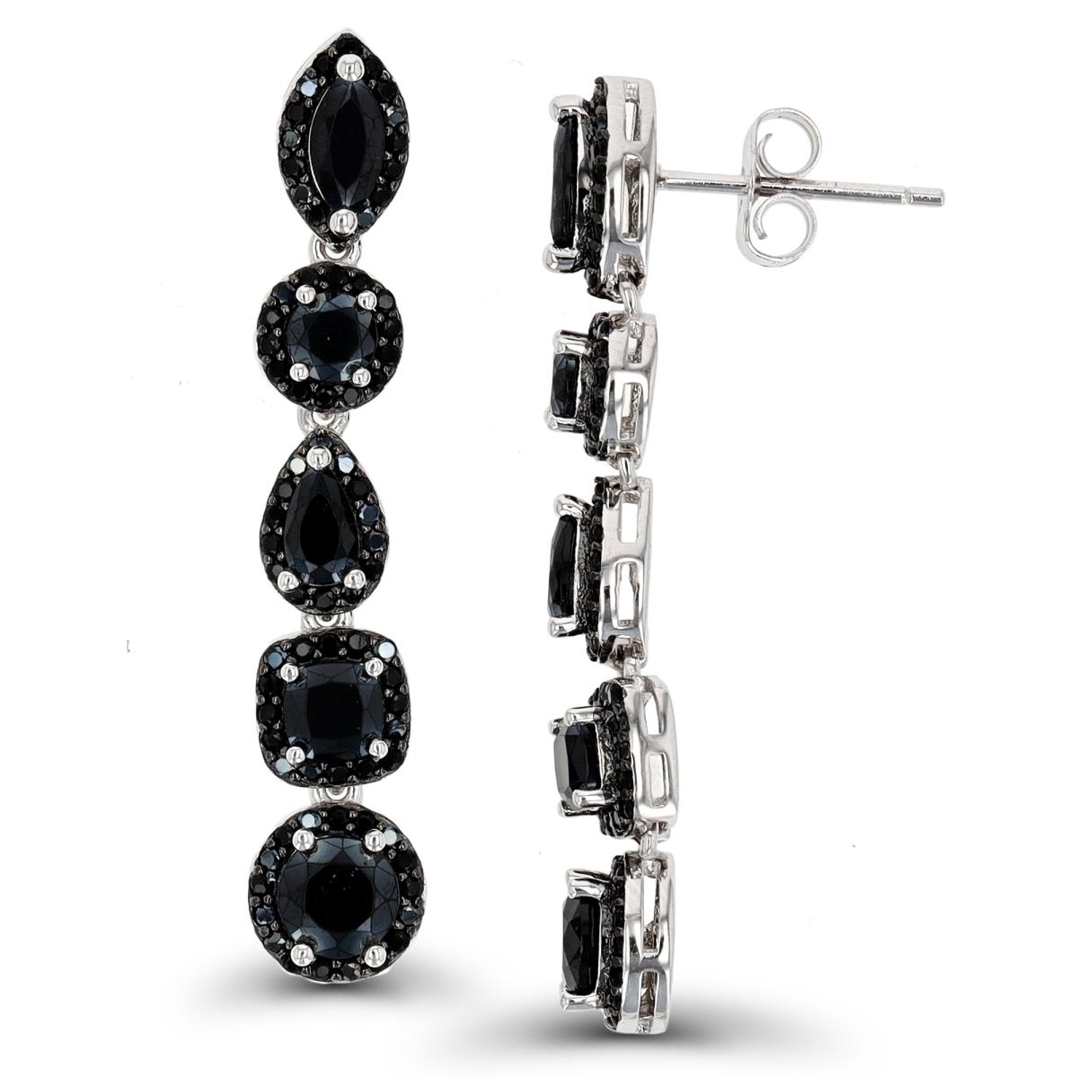 Sterling Silver Rhodium Multi Cut Black Spinel Halo Dangling Earring