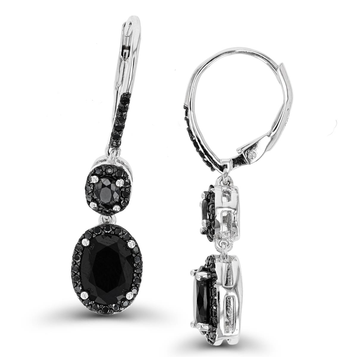 Sterling Silver Rhodium & Black Black Spinel Double Oval Halo LeverBack Earring