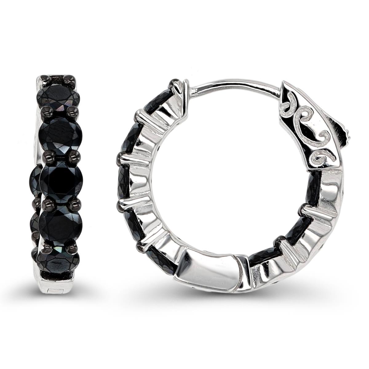 Sterling Silver Rhodium & Black 20x4mm Rd Black Spinel Hoop Earring with Safety Lock