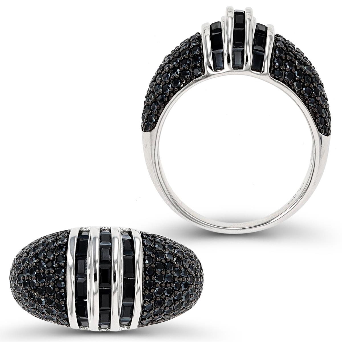 Sterling Silver Rhodium Paved Rd/Bgt Black Spinel Graduated Fashion Ring