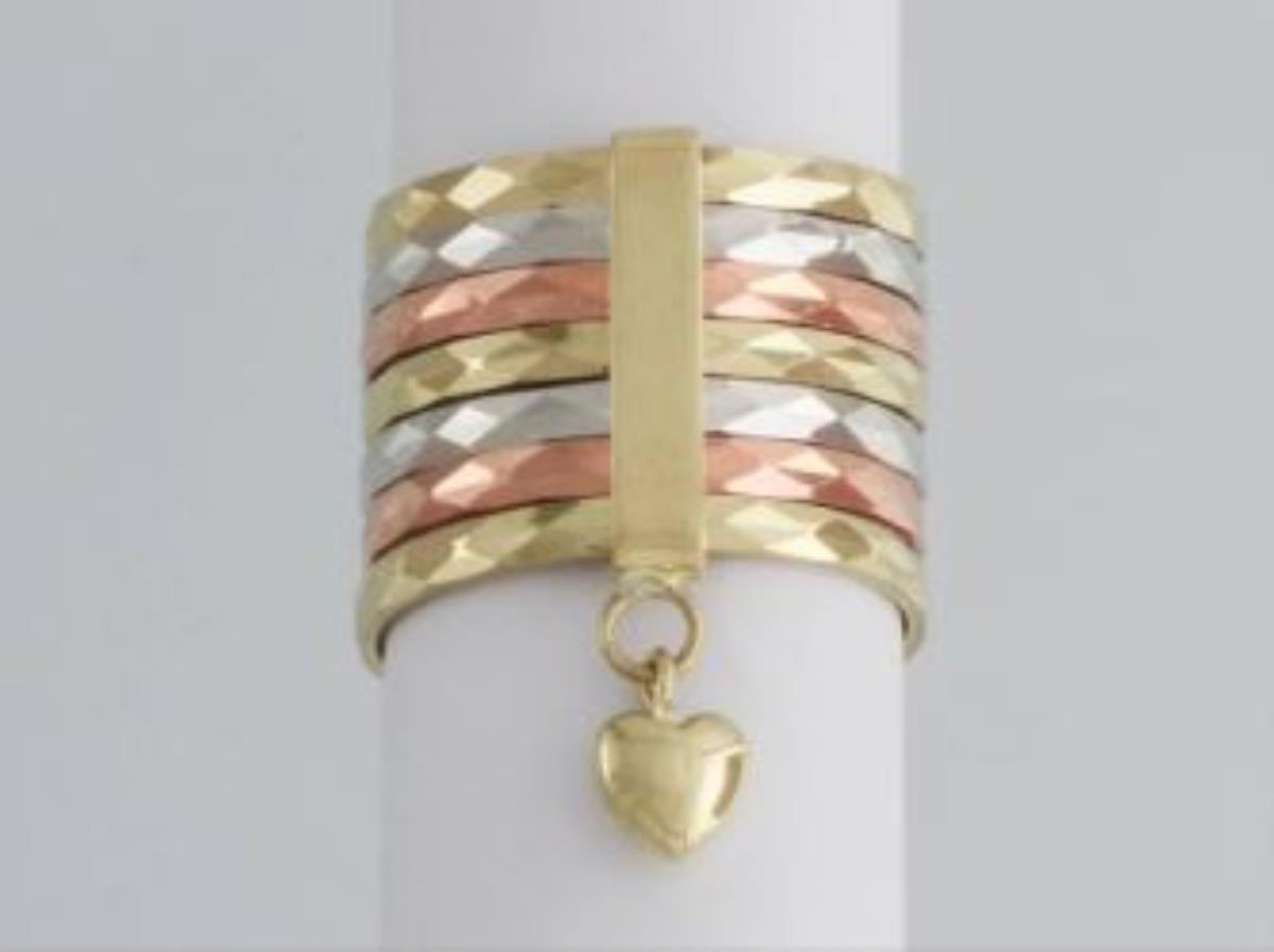 14K Tri-Color Gold Diamond Cut Dangling Heart Seminario Ring
