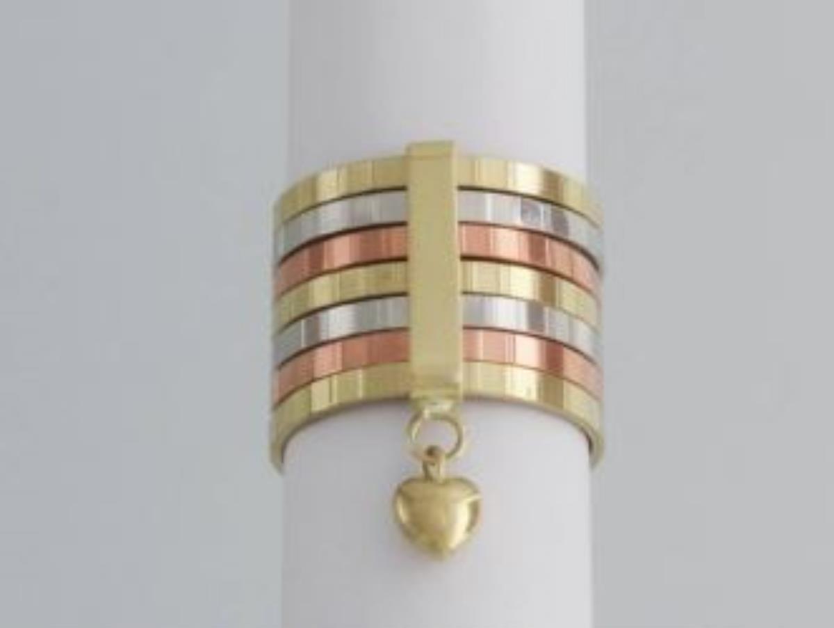 14K Tri-Color Gold Mirror DC Dangling Heart Seminario Ring