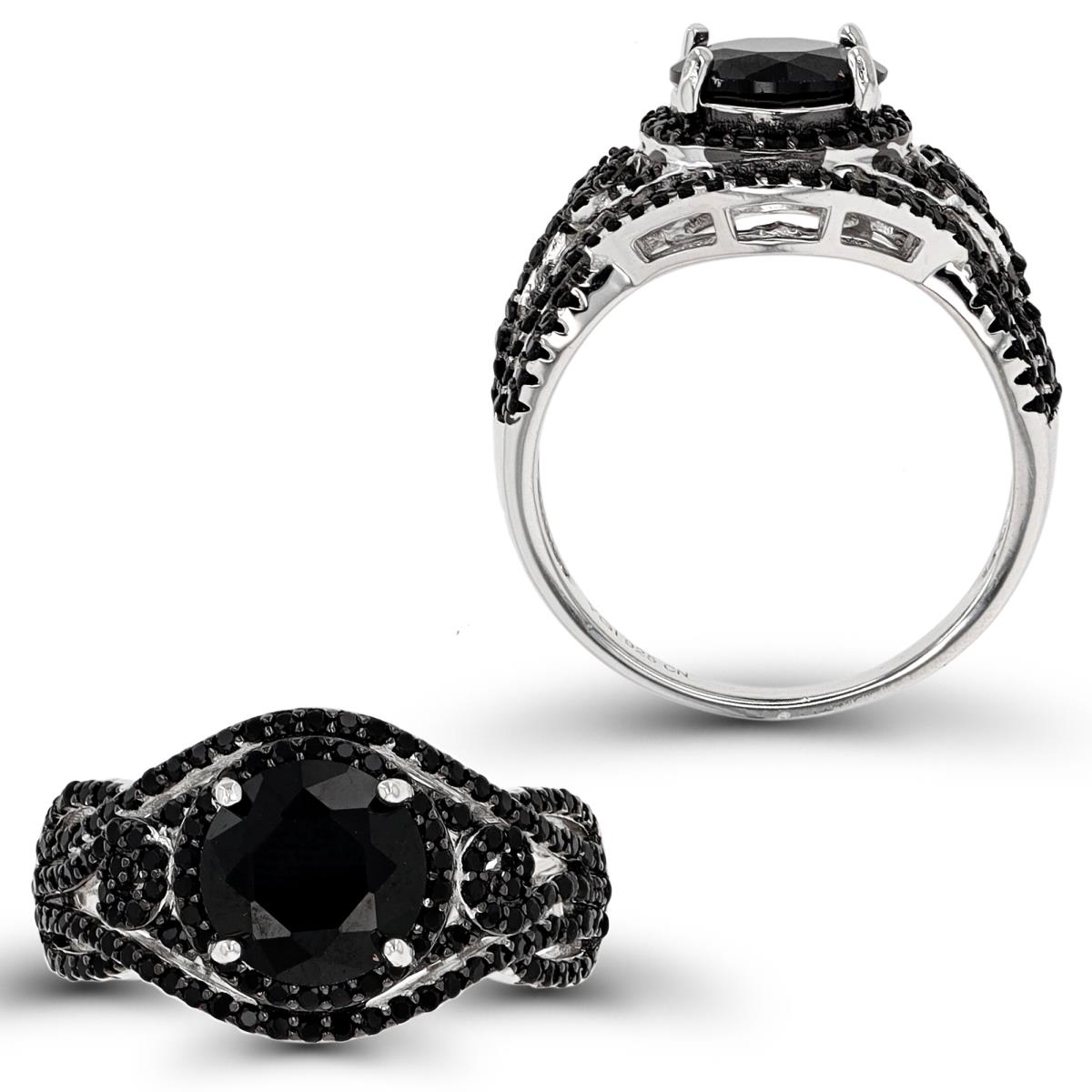 Sterling Silver Rhodium & Black 8mm Rd Black Spinel Pave Swirl Fashion Ring