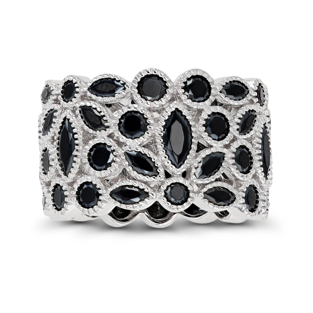 Sterling Silver Rhodium Tossed Marquise & Round Cut Black Spinel Pave Fashion Band Ring