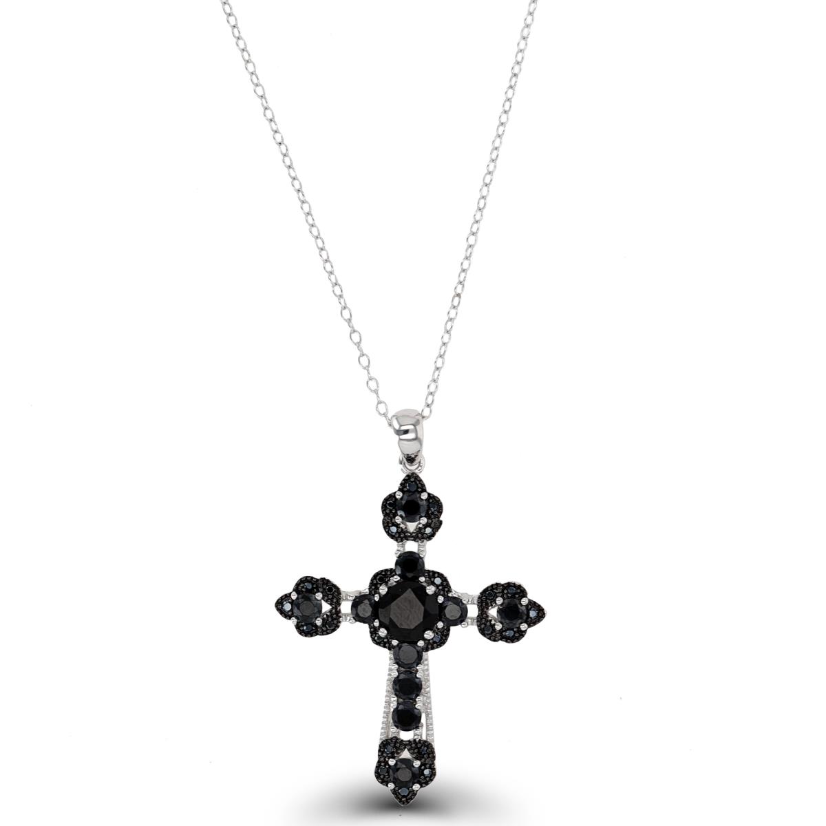 Sterling Silver Rhodium & Black 6mm Rd Cut Black Spinel Center Pave Cross 18" Necklace