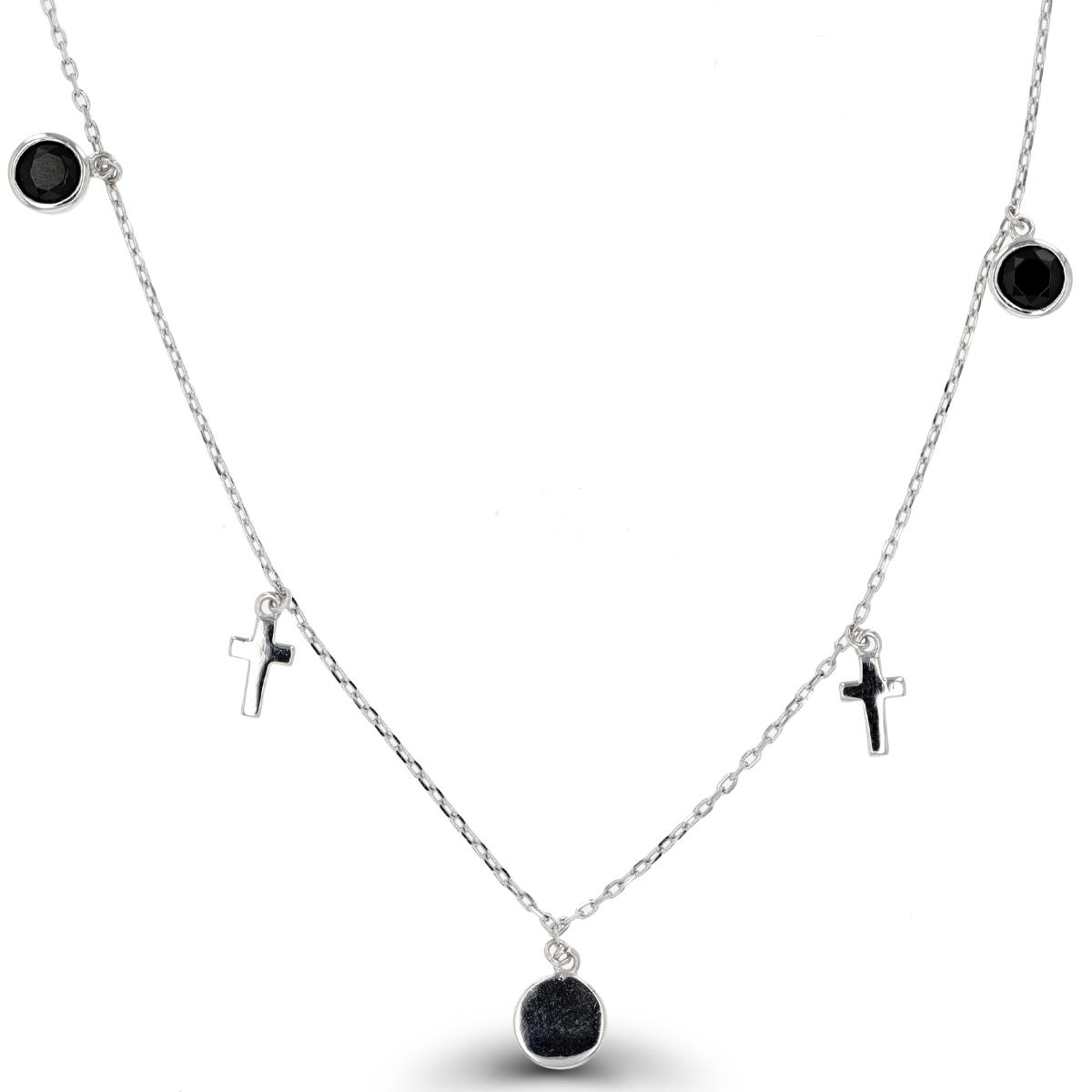 Sterling Silver Rhodium Black CZ Bezel Dngl Cross 18" Necklace