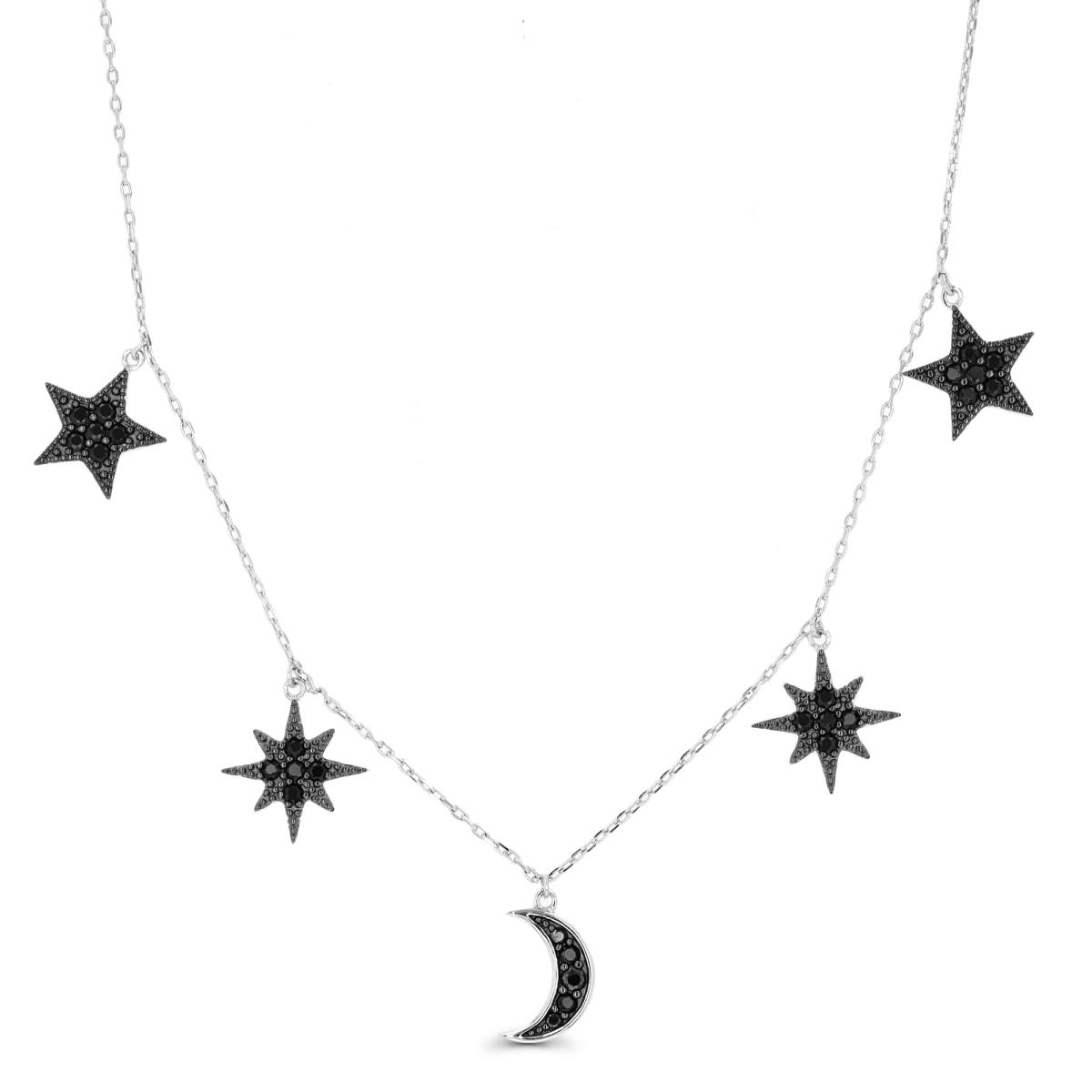 Sterling Silver Rhodium & Black Dangling Moon/Star 16"+2" Necklace