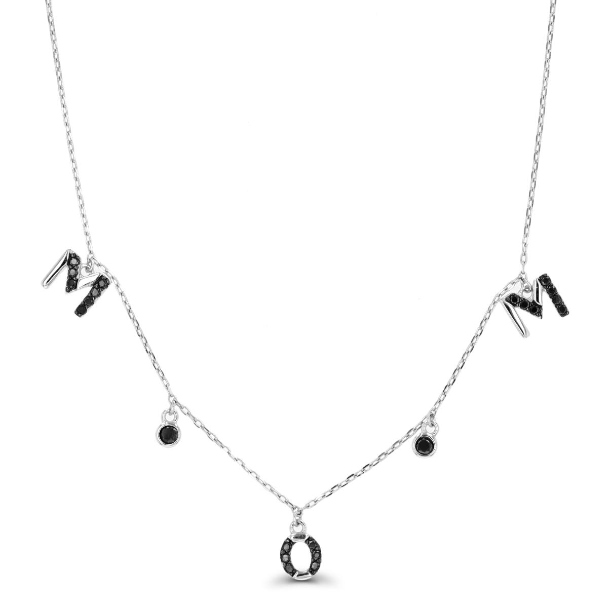 Sterling Silver Rhodium & Black Black Spinel "MOM" 16"+2" Necklace