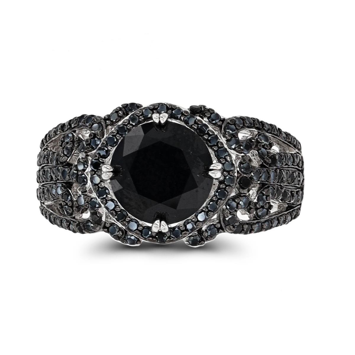 Sterling Silver Black & Rhodium 8mm Rd Black Spinel Paved Sides Fashion Ring