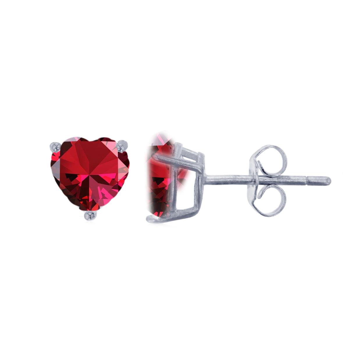 Sterling Silver Rhodium 6x6mm #8 Ruby Heart Solitaire Stud