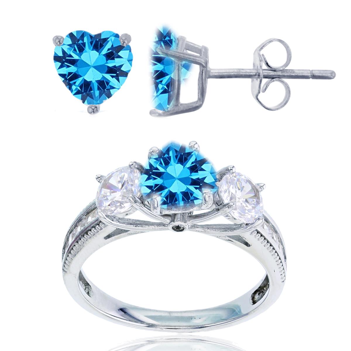 Sterling Silver Rhodium 3-Stone 7mm Swiss Blue Hrt & 5mm Rd CZ Ring & 6mm Hrt Solitaire Stud Earring Set