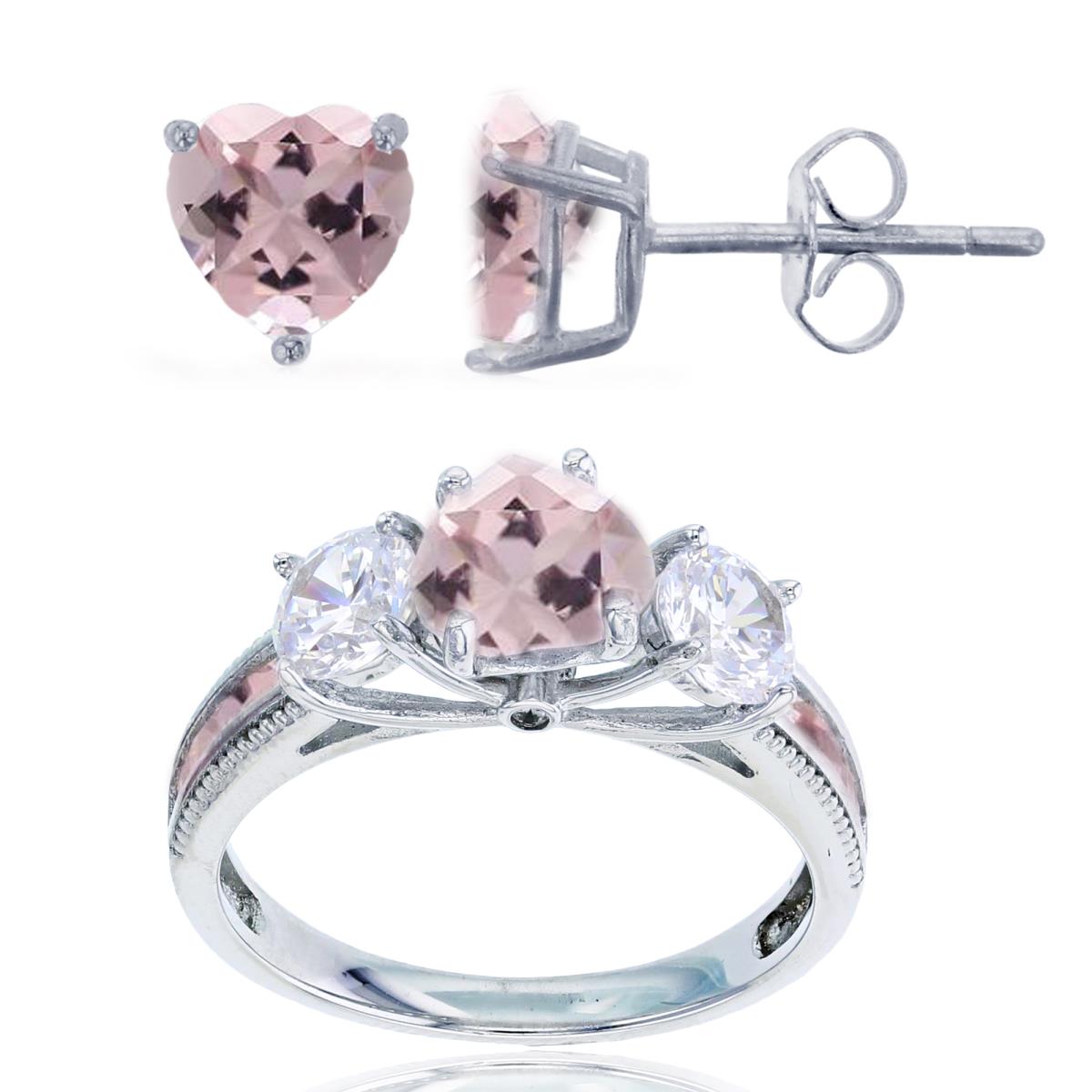 Sterling Silver Rhodium 3-Stone 7mm Morganite Hrt & 5mm Rd CZ Ring & 6mm Hrt Solitaire Stud Earring Set