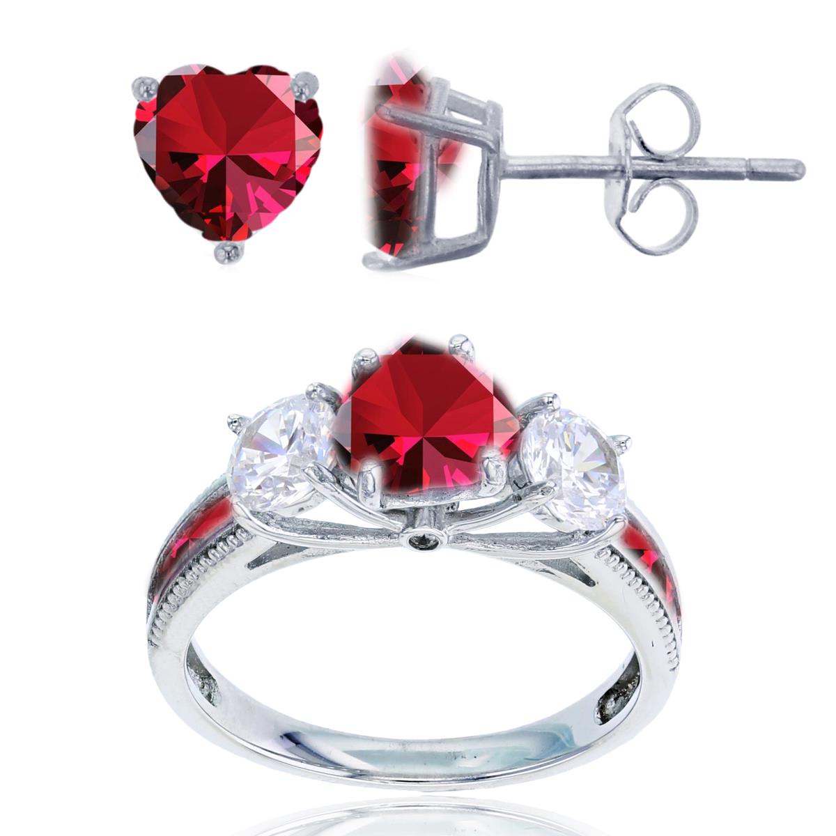 Sterling Silver Rhodium 3-Stone 7mm #8 Ruby Hrt & 5mm Rd CZ Ring & 6mm Hrt Solitaire Stud Earring Set