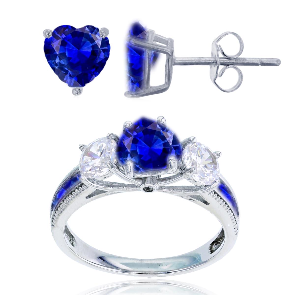 Sterling Silver Rhodium 3-Stone 7mm #113 Blue Hrt & 5mm Rd CZ Ring & 6mm Hrt Solitaire Stud Earring Set