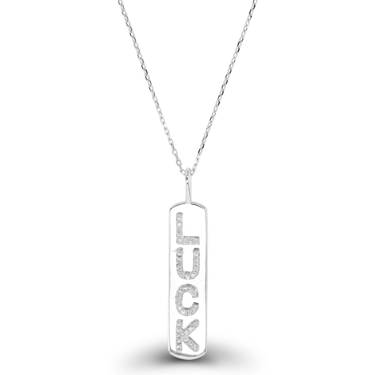 Sterling Silver Rhodium Dangling CZ "Luck" 18+2" Necklace