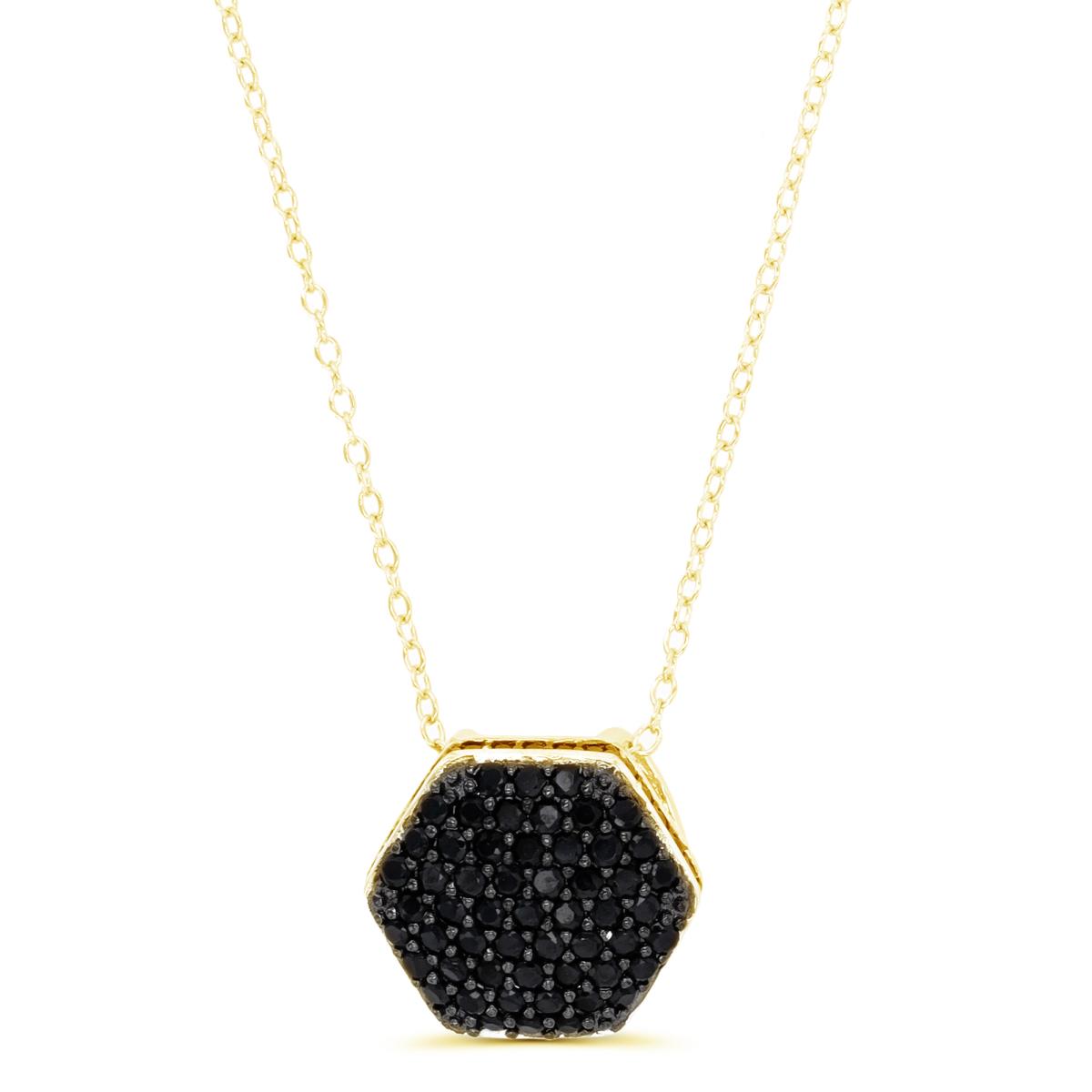 Sterling Silver Yellow & Black Rnd Black Spinel Pave Pufy Hexagon 18+2"Necklace