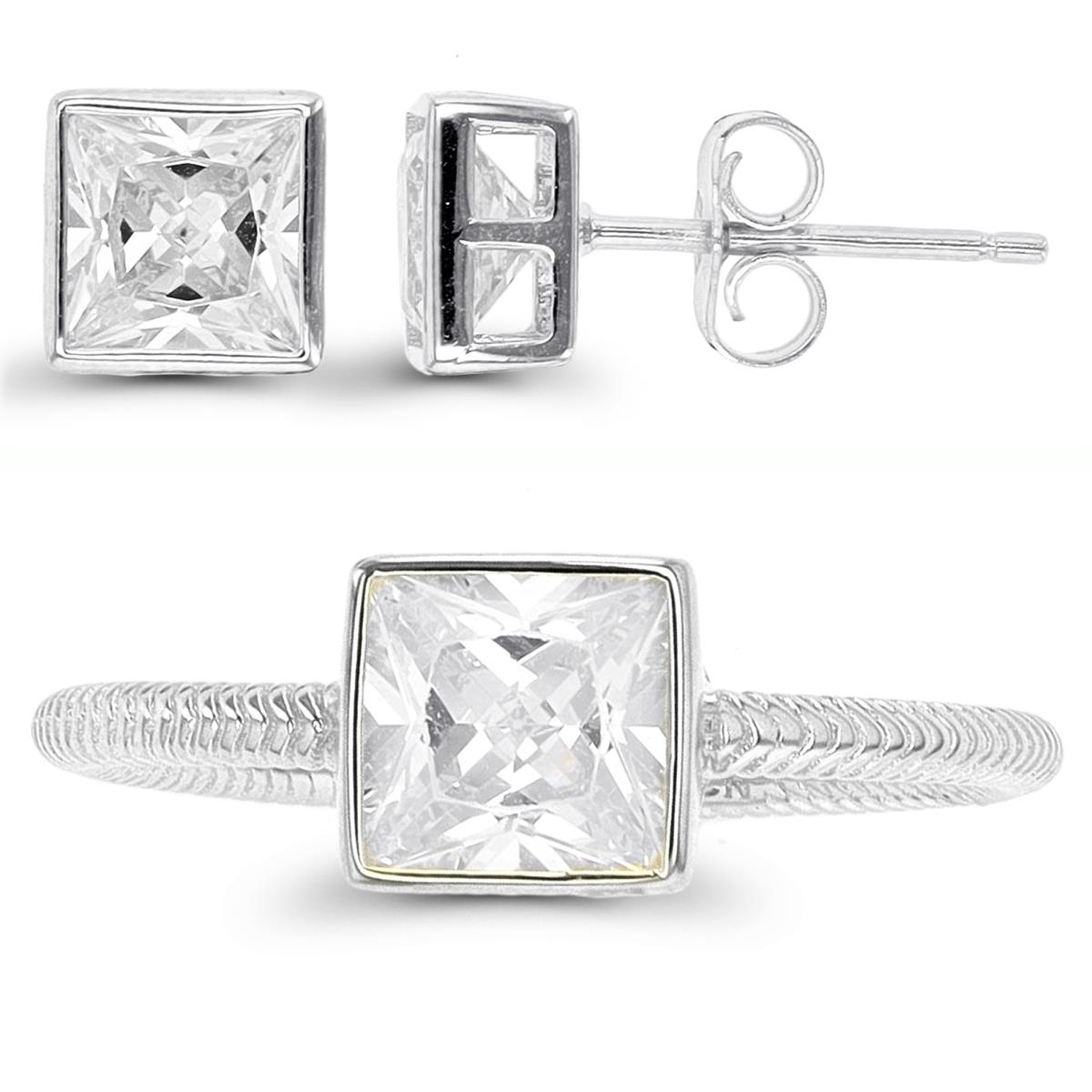 Sterling Silver Rhodium 6mm Princess Cut CZ Bezel Earring & Ring Set